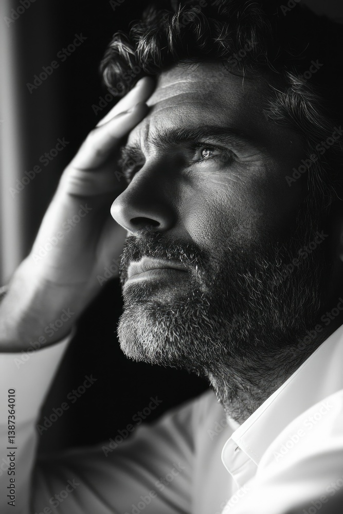 A bearded man with deep thought, possibly experiencing sadness or concern.
