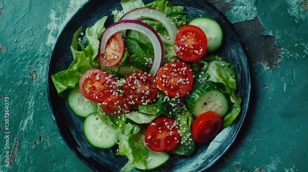 A fresh garden salad on a plate with seeds garnish.