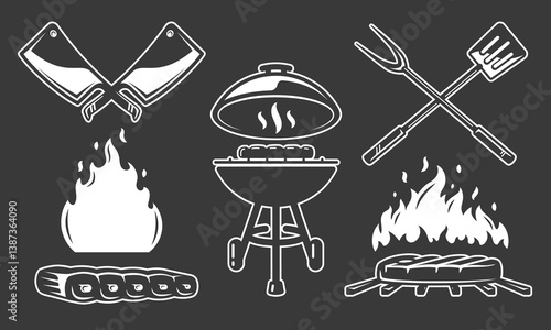 BBQ grill vector icon set isolated on black background. Design elements bbq, grill, meat, fork, knife and spatula. Vector illusteration