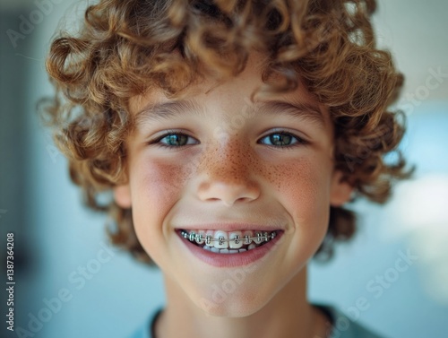 Obraz na płótnie Smiling boy with braces showing off his new dental work. w salonie