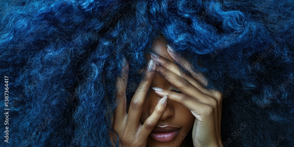 A woman with vibrant blue hair against a black background. Her eyes are closed and she has her hands up to her face, which creates a unique and stylized portrait.