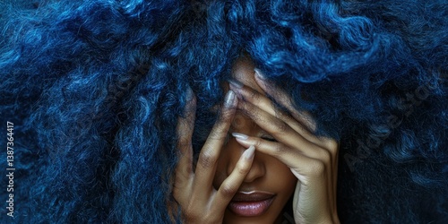 Obraz na płótnie A woman with vibrant blue hair against a black background. Her eyes are closed and she has her hands up to her face, which creates a unique and stylized portrait. w salonie