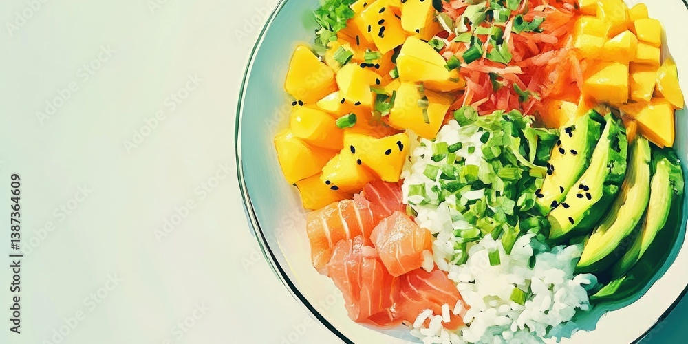 A vibrant sushi bowl with tuna, avocado, rice and vegetables on a white plate.