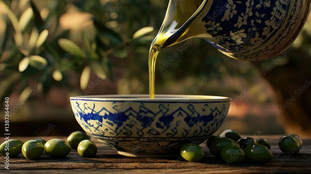 A vintage teapot pours freshly squeezed olive oil into a matching blue and white bowl on a rustic wooden table. A selection of green olives accompanies the setting.