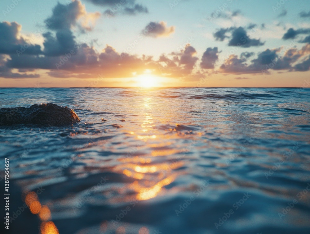Glowing sun reflecting on water at beach, silhouetted against sky with clouds.