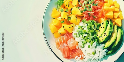 Obraz na płótnie A vibrant sushi bowl with tuna, avocado, rice and vegetables on a white plate. w salonie