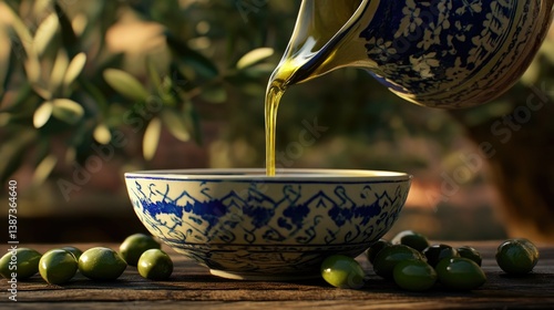 Obraz na płótnie A vintage teapot pours freshly squeezed olive oil into a matching blue and white bowl on a rustic wooden table. A selection of green olives accompanies the setting. w salonie