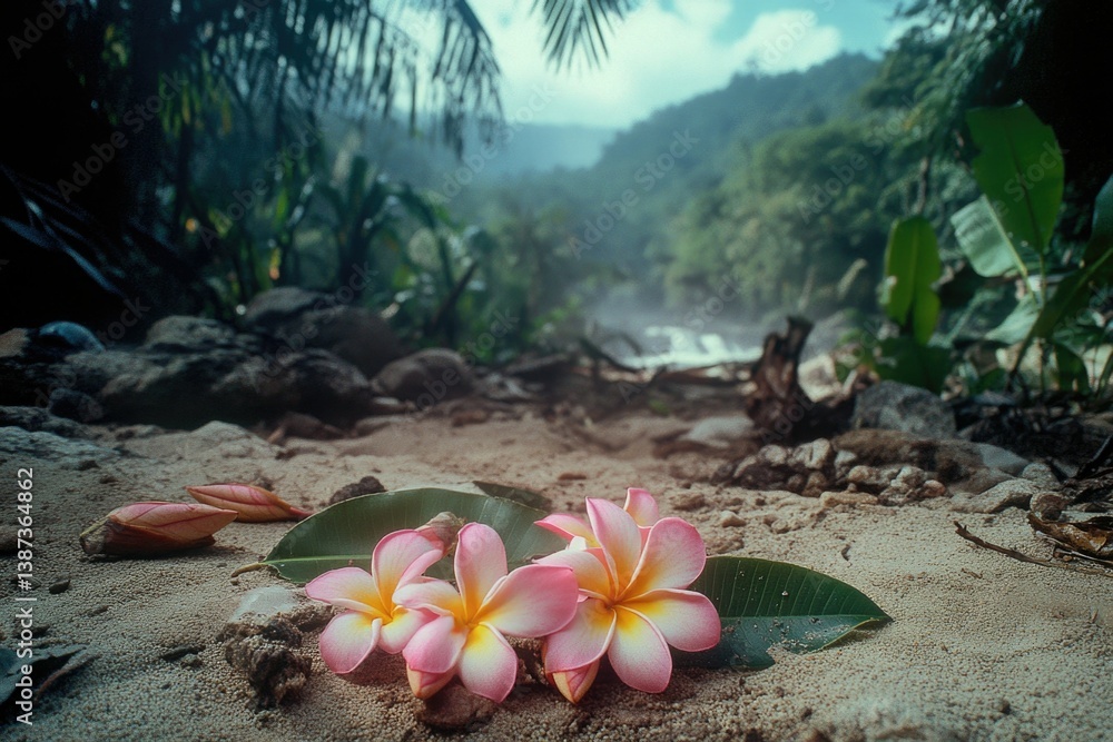 Pink and white flowers on a sandy shore. Tropical landscape with misty mountains in the background.