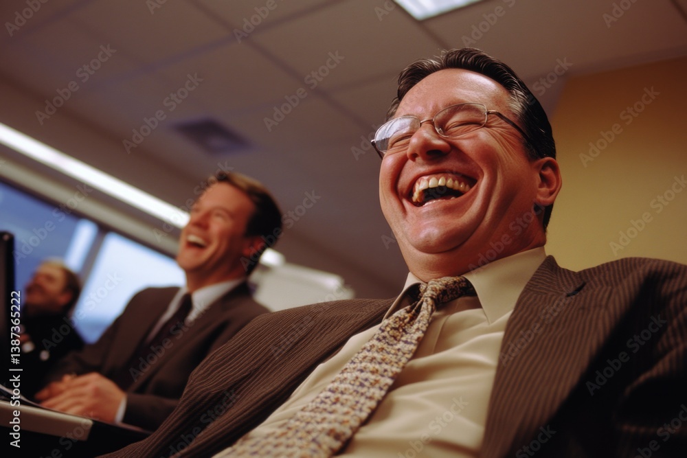 The image is a candid moment of business professionals sharing laughter during a meeting.