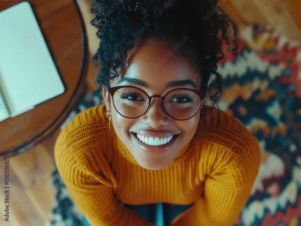 Smiling woman reading, homey setting, casual outfit, joyful expression, warm ambiance.
