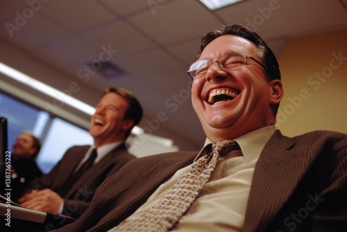 Obraz na płótnie The image is a candid moment of business professionals sharing laughter during a meeting. w salonie