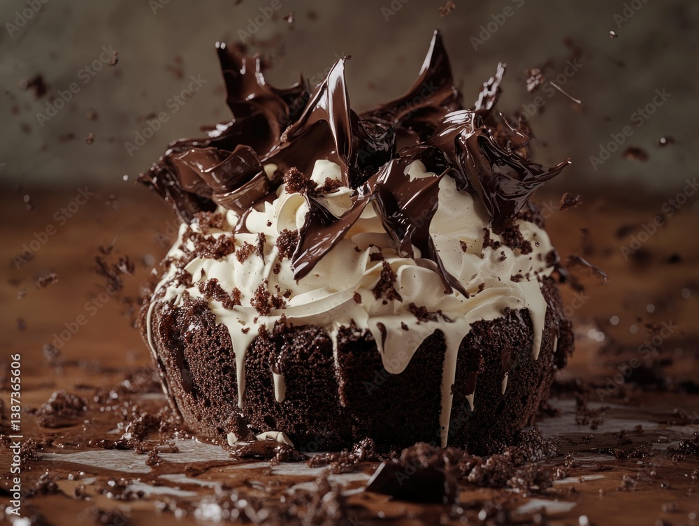A close-up of a chocolate cake with creamy frosting and melted ice cream, showcasing its decadent texture.