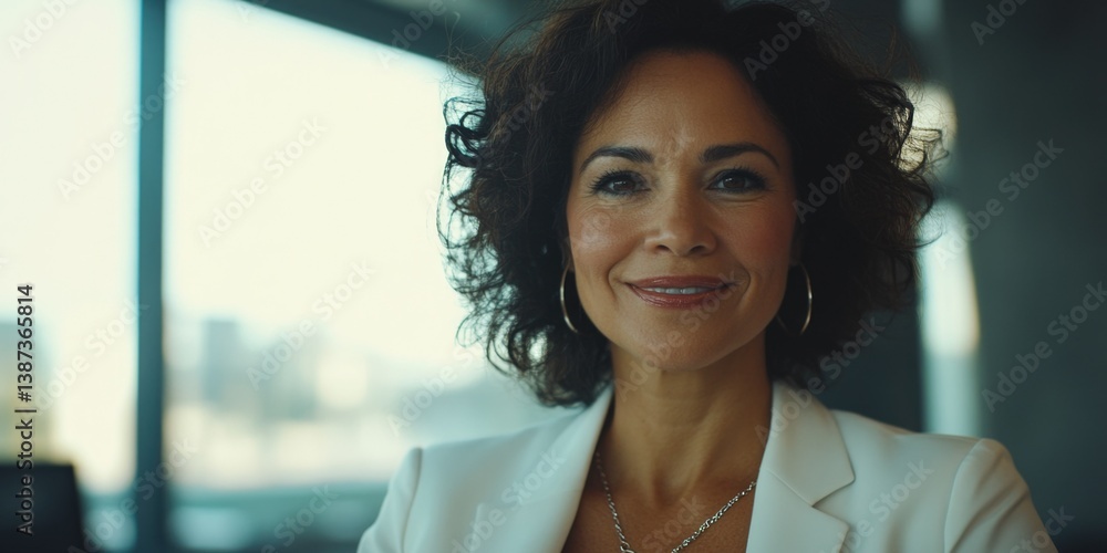 A confident, smiling business professional wearing corporate attire in a modern office setting.