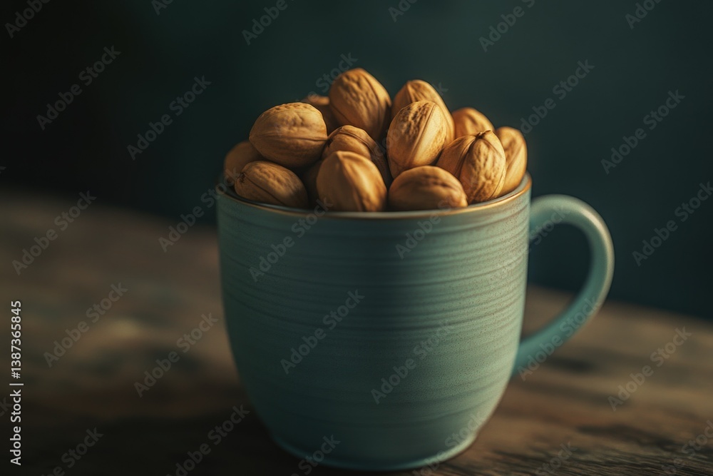 Cashews in ceramic cup on table.