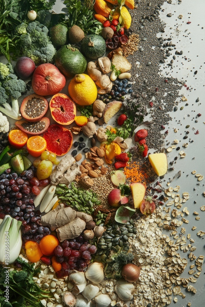 Variety of colorful fruits and vegetables, including oranges, apples, carrots, herbs and spices arranged in a circle.
