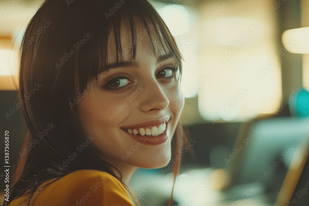 A young, smiling woman in a professional office environment with blurred lights and technology.