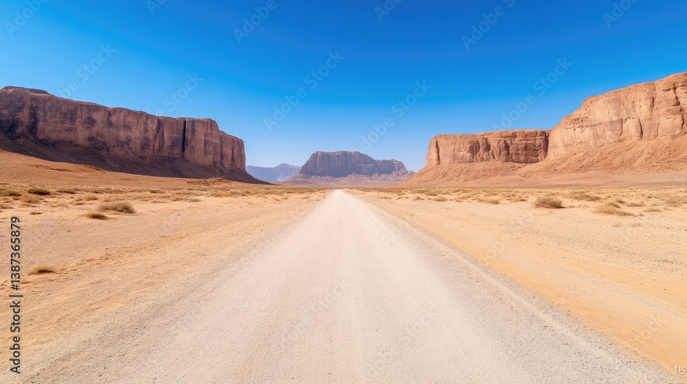 Fototapeta premium A straight dirt road cuts through a vast desert valley flanked by massive red sandstone cliffs under a clear blue sky.