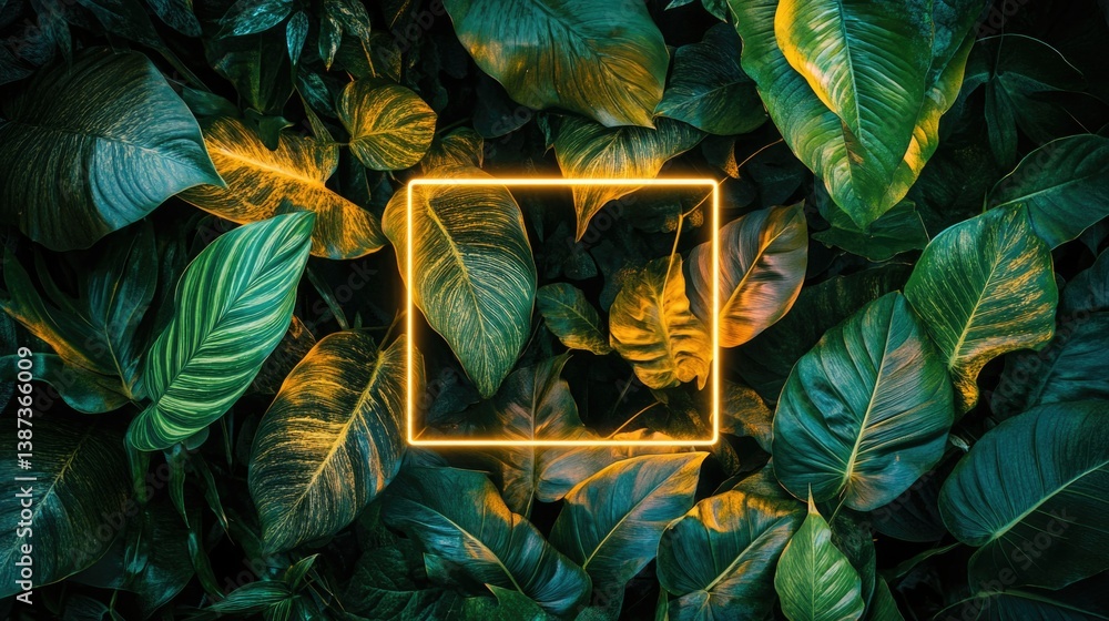 Abstract square design with a jungle theme featuring tropical plants and vibrant green leaves.