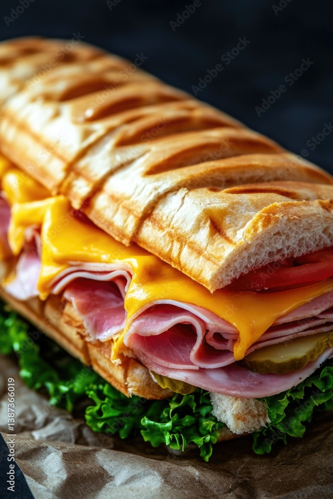 This is a close-up photograph of a Ham and Cheese Sub Sandwich on a Sesame Seed Bread Loaf.