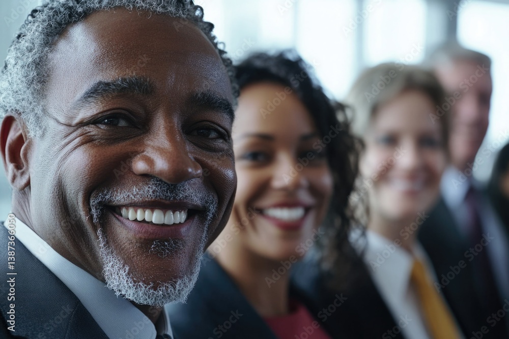 A group of diverse professionals in a corporate setting, smiling and appearing friendly and confident.