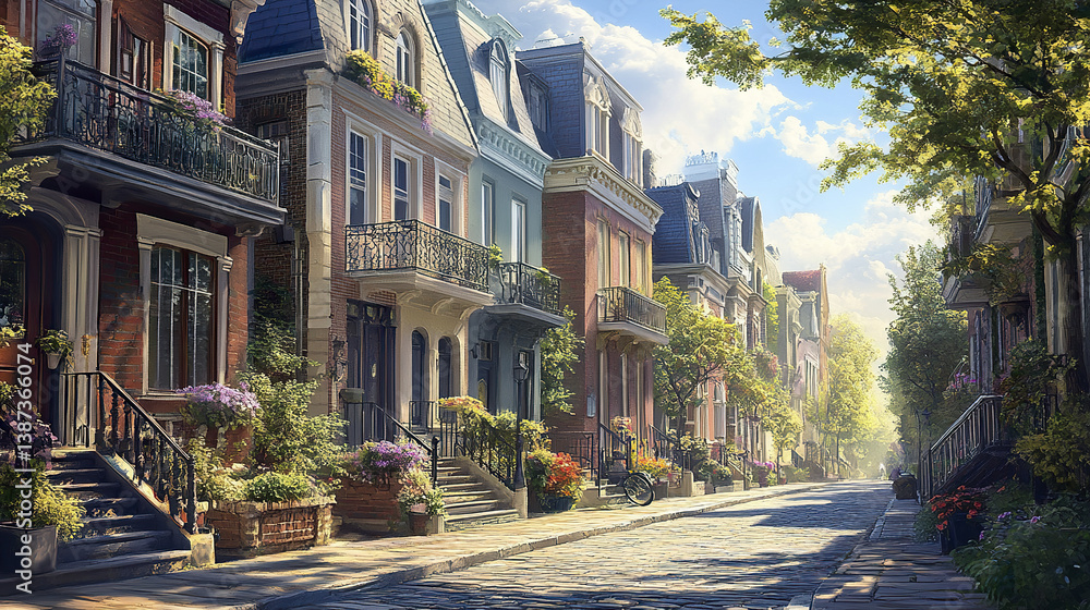 Fototapeta premium Charming European style row houses with pastel exteriors line sunlit street