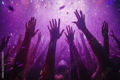 Close up photo of many party people dancing purple lights confetti flying everywhere nightclub event hands raised up wear shiny clothes, Generative AI