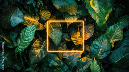 Abstract square design with a jungle theme featuring tropical plants and vibrant green leaves.