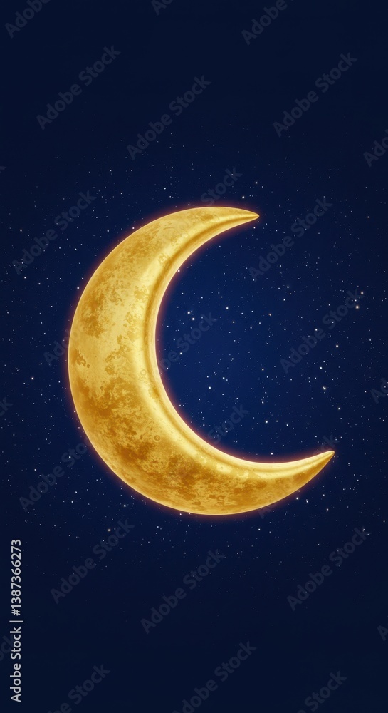 Naklejka premium Golden Crescent Moon in the Night Sky: Celestial Serenity and Cosmic Beauty