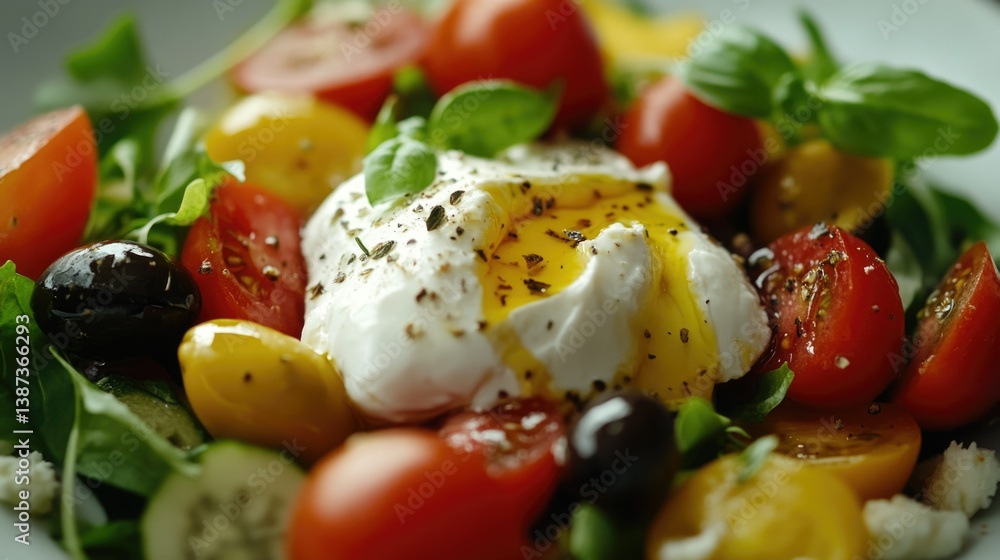 A vibrant, fresh salad with a variety of vegetables and cheese, served on a plate.