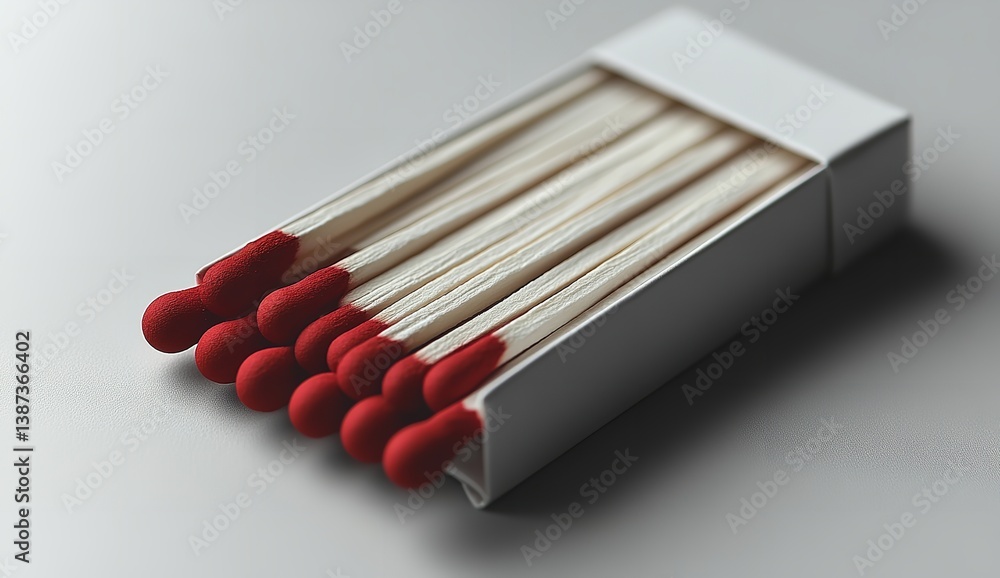 Top-down view of white matchbox with red matches against white background
