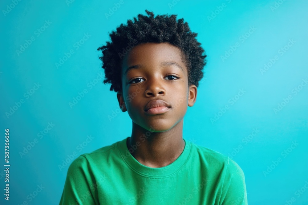 A young African American boy with black curly hair poses confidently against a neutral blue background, wearing casual attire.