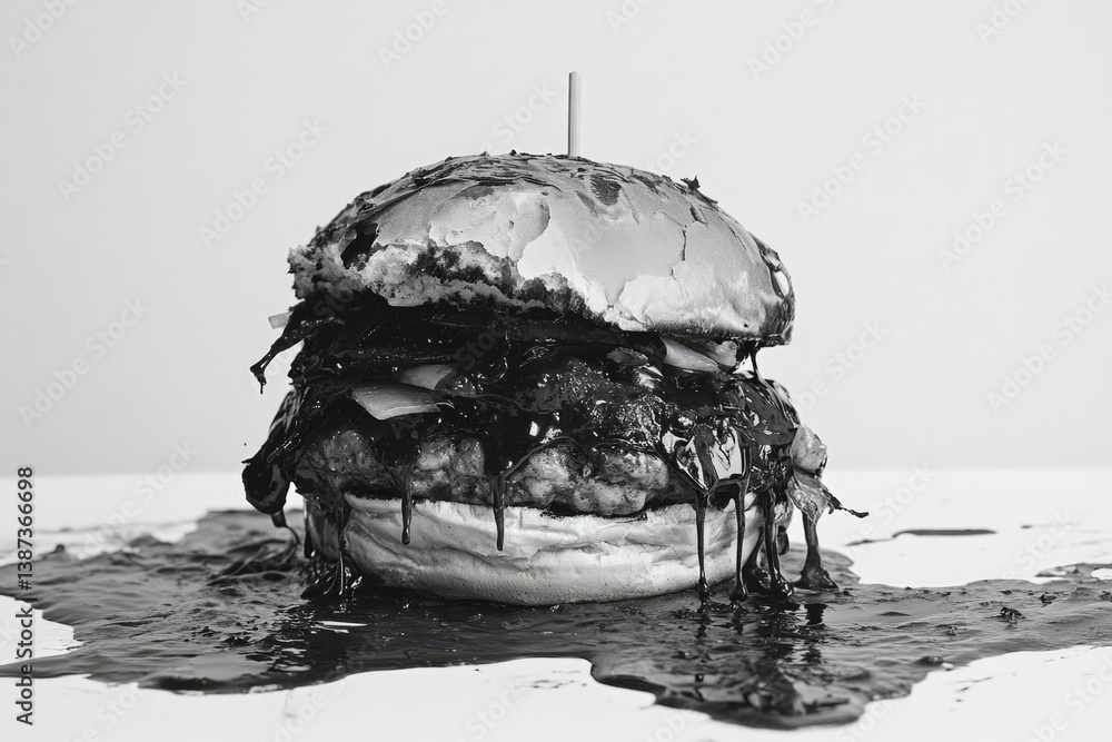 A burger bun covered in chocolate syrup and oil with a candle partially melted over it, creating an unusual and visually striking food photograph.