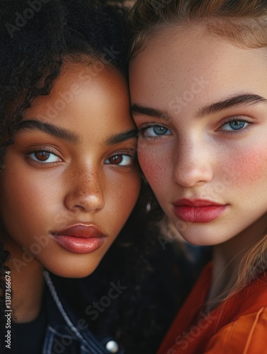 Obraz na płótnie Two young women posing closely together for a photo. Both are wearing trendy outfits and have natural makeup with emphasis on skincare. w salonie