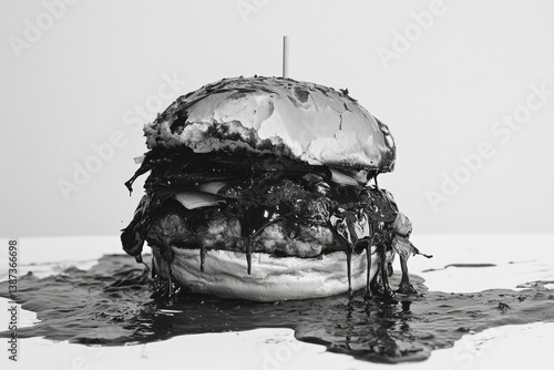 Obraz na płótnie A burger bun covered in chocolate syrup and oil with a candle partially melted over it, creating an unusual and visually striking food photograph. w salonie