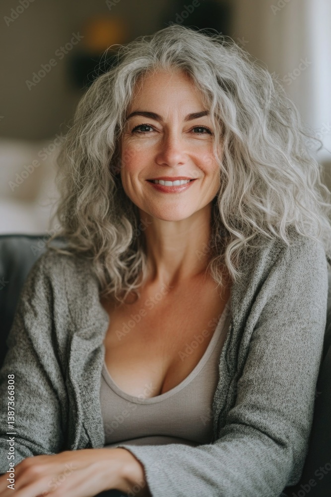 A woman with gray hair, sitting comfortably indoors in a casual, warm-toned setting.