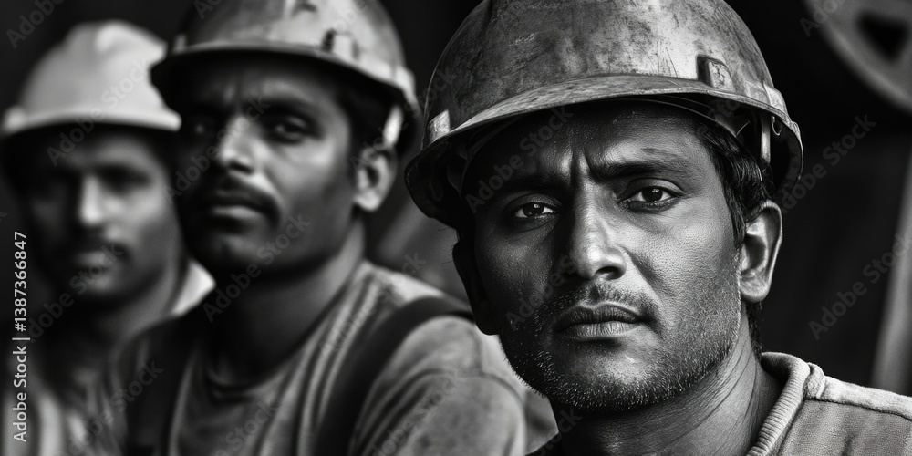Industrial workers in a construction site, showcasing safety gear and job commitment.