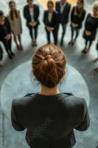 Businesswoman speaking to a group of professionals in an office setting.