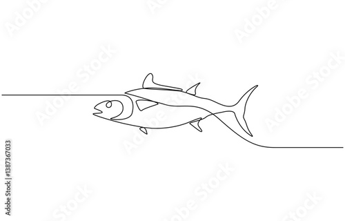 Fresh salmon fish in continuous line art drawing style, Rudd, roach fish, perch, carp, crucian carp continuous line drawing. One line art of freshwater fish, seafood.