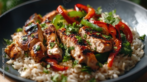 Obraz na płótnie A delicious and healthy grilled chicken with rice and vegetables dish, featuring a rich brown sauce. Perfect for a nutritious meal option. w salonie