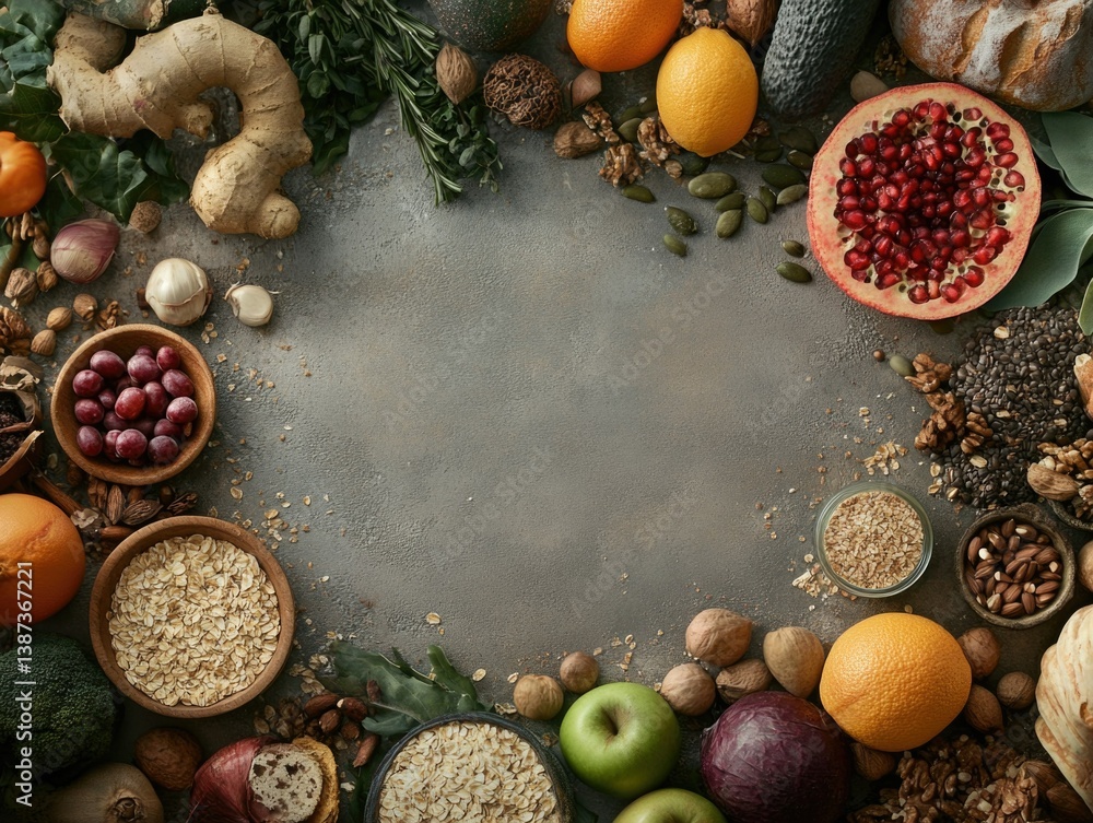 Variety of nutritious foods, including fruits, nuts and seeds on a platter for health-conscious diets.