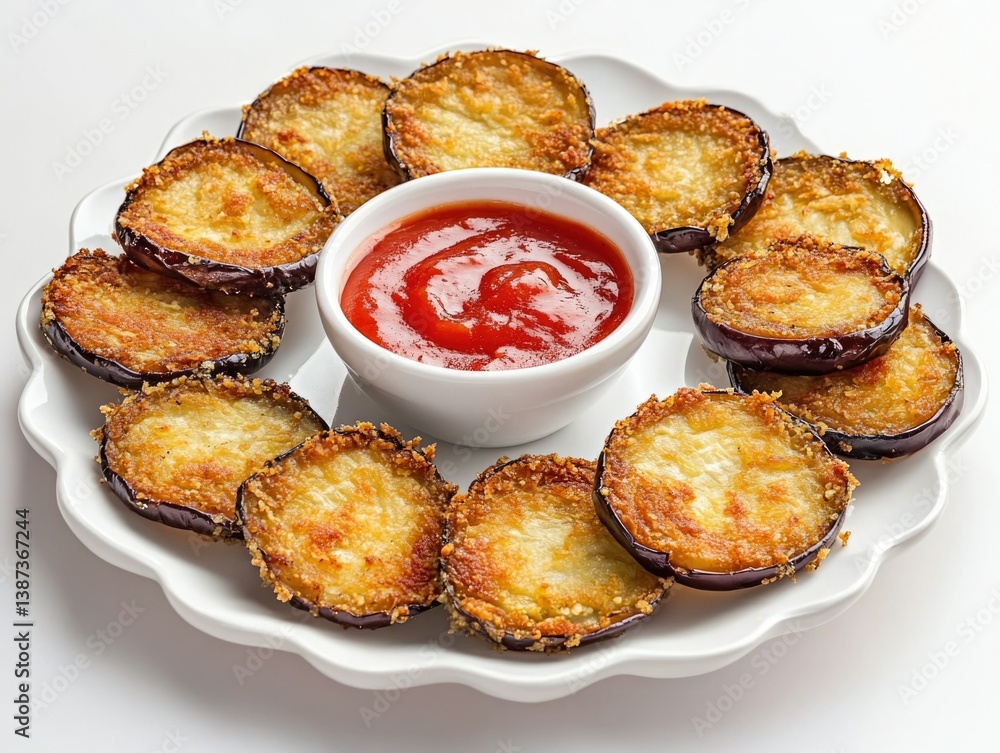 Eggplant slices with melted cheese and ketchup dip.