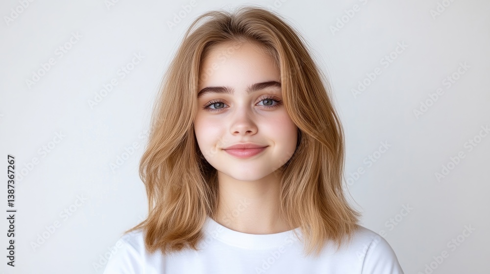 A young woman with shoulder-length blonde hair smiling softly at the camera, standing against a plain white background, and casual and minimalist portrait. A young woman with shoulder-length blonde hair smiling softly at the camera, standing against a plain white background, and casual and minimalist portrait.