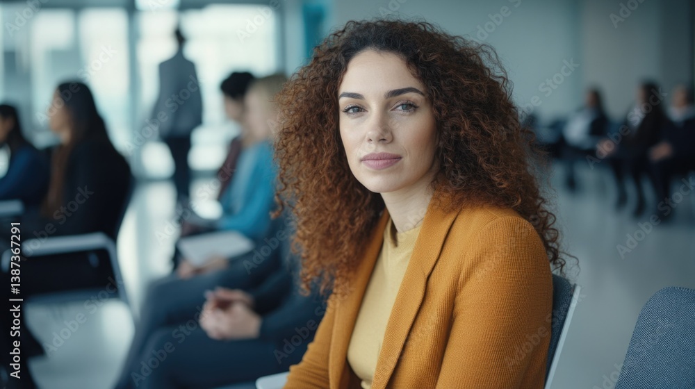 A focused businesswoman in a conference environment, waiting for the next presentation.