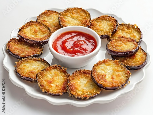 Obraz na płótnie Eggplant slices with melted cheese and ketchup dip. w salonie