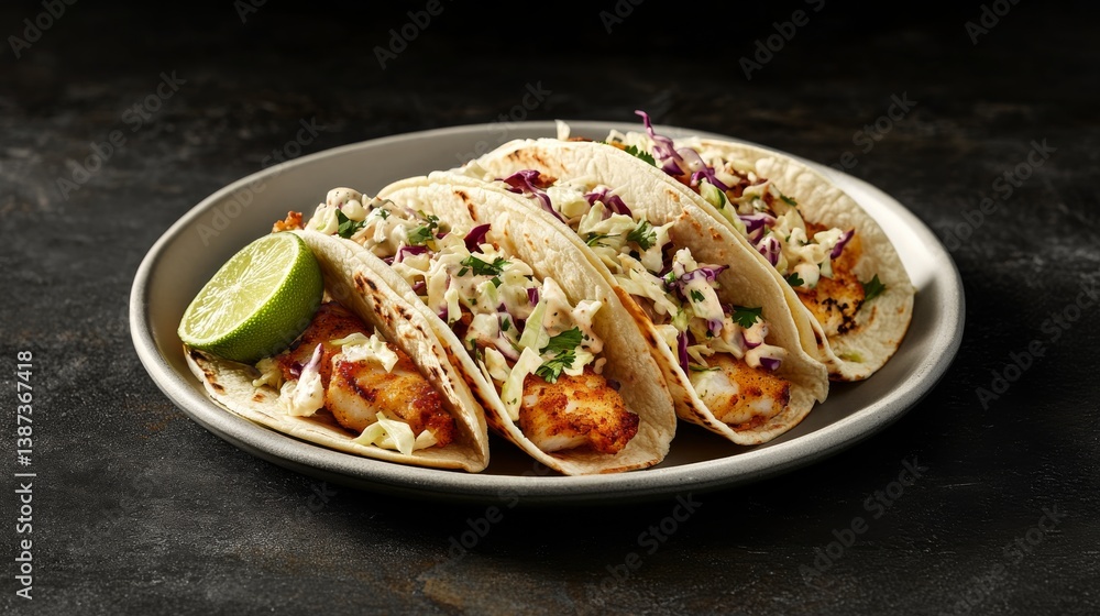 A plate of crispy fish tacos with cabbage slaw and lime. Featuring zest and crunch A plate of crispy fish tacos with cabbage slaw and lime. Featuring zest and crunch