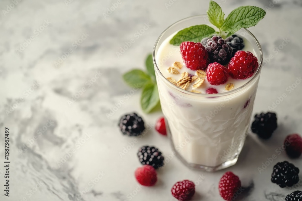 Tasty and refreshing berry milk smoothie with fresh raspberries, blueberries, and ice cream.