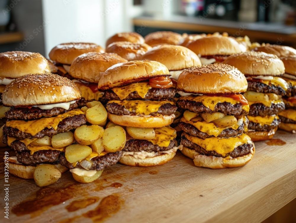 A pile of juicy, cheesy burgers
