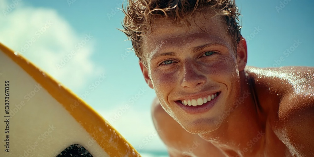 Young man smiling at the camera on surfboard in ocean.