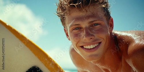 Obraz na płótnie Young man smiling at the camera on surfboard in ocean. w salonie