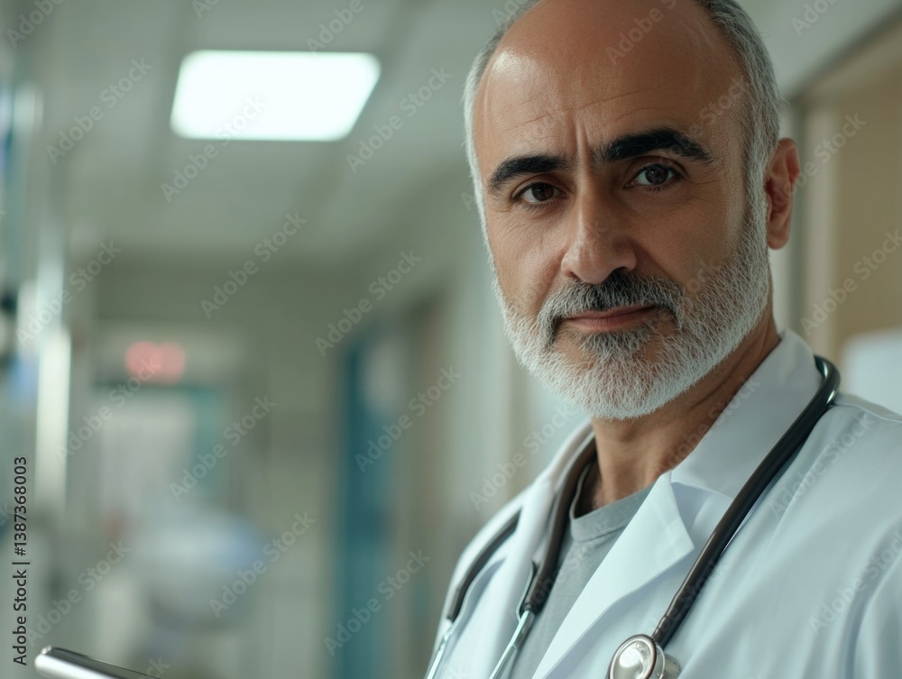 Man wearing a white coat, standing in hospital corridor